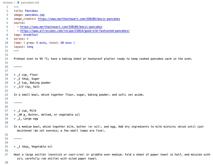 Pancake recipe in Markdown format with YAML metadata.