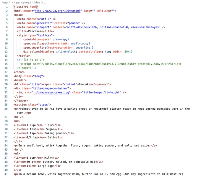 Markdown pancake recipe converted to XHTML and processed with a Python script.