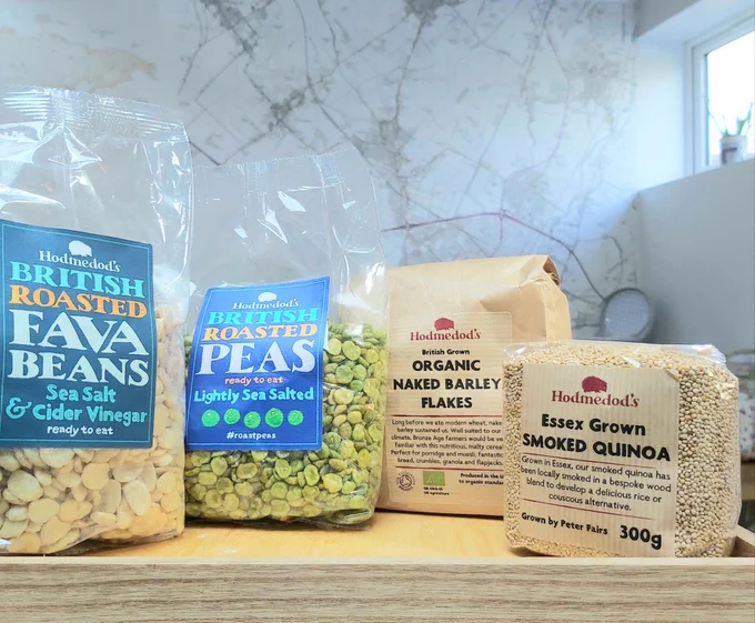 British fava beans, peas, barley flakes & quinoa