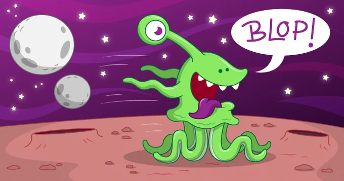 An illustration of a green alien with one eye and tentacles racing along a desert planet. A speech bubble above the alien says 'BLOP!'