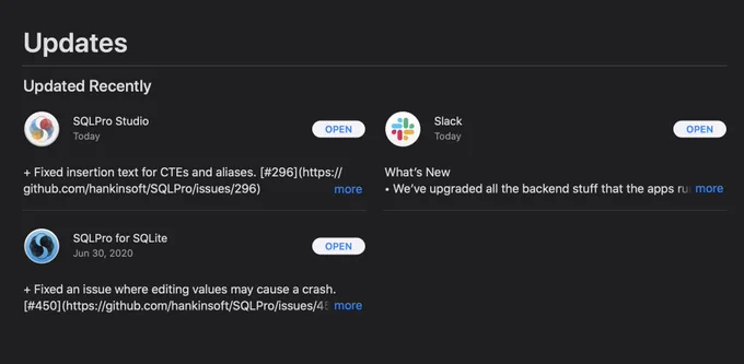 SQLPro Studio, SQLPro for SQLite, Slack updates shown in the Mac App Store.