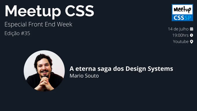 Banner com a foto do Mario Souto e as informações sobre data, horario e local de onde vai acontecer o encontro. O Meetup será dia 14 de Julho as 19:00 horas no Youtube. Em breve mais informações. 