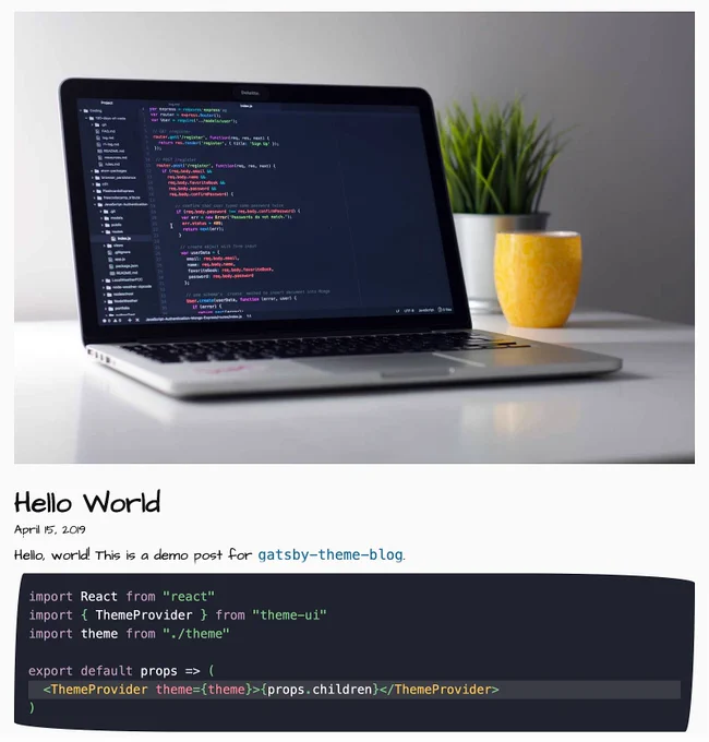 Laptop screen with Hello World  demo for the Gatsby Blog Theme 2 point 0.