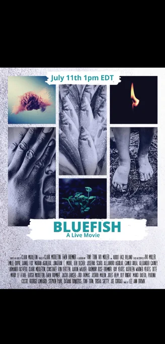 
Please join us for a collaborative, work-in-progress experiment in live moviemaking.

BLUEFISH

Created and performed by a company of 33 performers in multiple time zones across the world, from the United States, South America, Ireland, the UK, Europe, South Africa, India and Japan. Written by the ensemble, with sonnets by poet Lee Ann Brown.
July 11th. 2020

10:00am Pacific, 1:00pm Eastern, 2:00pm Brazil,Argentina, 6:00pm Ireland & UK, 7:00pm Central Europe, 1030PM Mumbai (Bombay), 2AM Tokyo 

Running time is 80m. Make a free reservation on Eventbrite and a link will be emailed to you two hours before the performance starts.

https://www.eventbrite.com/e/bluefish-a-live-movie-tickets-112721954400



CONCEIVED AND CREATED BY CLARK MIDDLETON

PRODUCED BY CLARK MIDDLETON, EWEN BREMNER

IN ASSOCIATION WITH TONY TORN, IVO MULLER and ABOUT FACE IRELAND