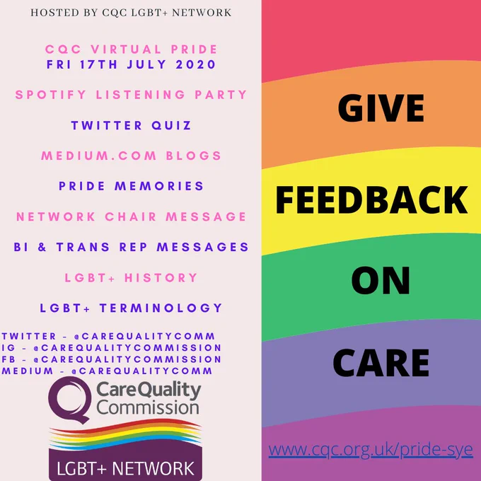CQC Virtual Pride poster. Advertising various activities for 17 July 2020.