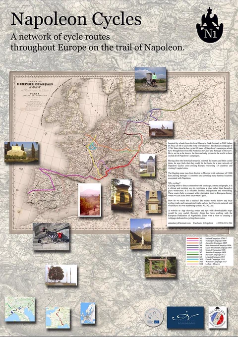 Map of proposed cycle routes through Europe following Napoleon's campaigns.