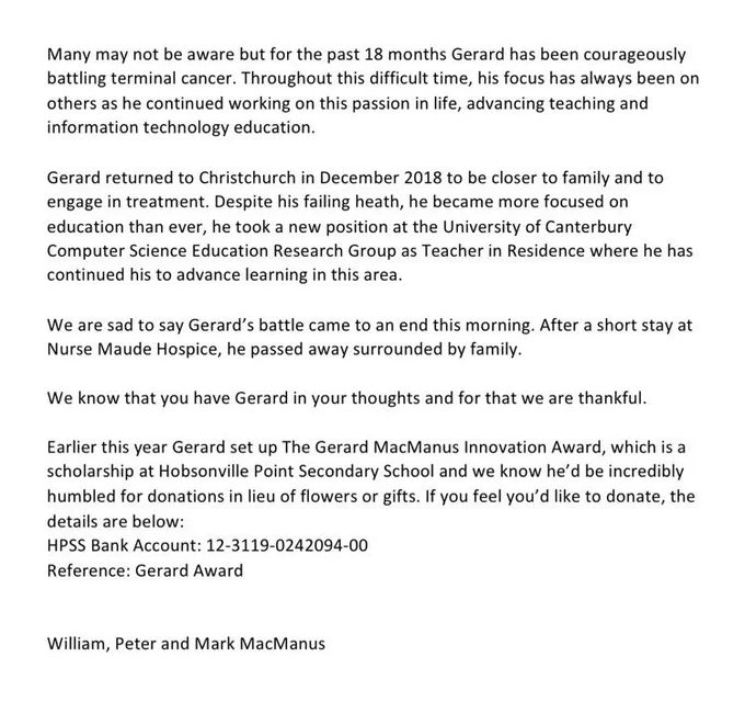 Announcement about Gerard
