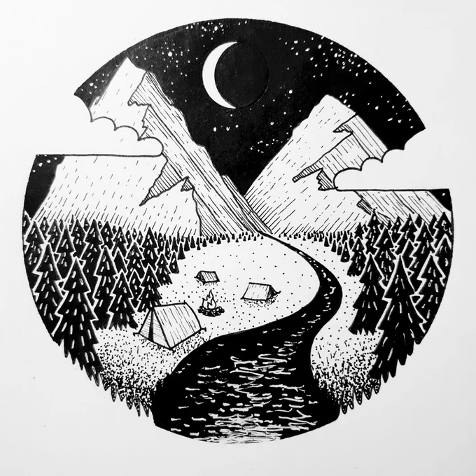 Black and white line art depicting a riverside campsite beneath two mountains