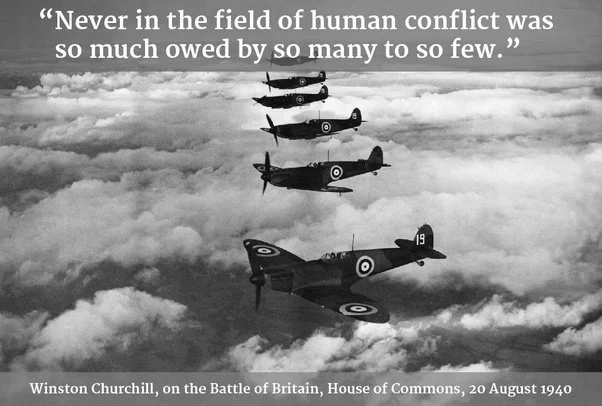 Spitfires and hurricanes in formation with Churchill's quite about "The Few"