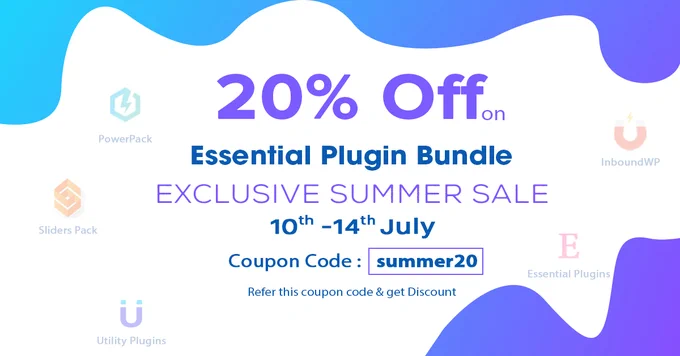 Hurryyy... Limited Offer Period.. Get Exclusive Summer Discount . 20% Off on our Essential Plugin Bundle. Visit Our website Enter the Coupon Code & enjoy the Discount... :)
#WordPress #Plugins #Themes #20% #Discount #Offer #20%Off #Hurry #WebsitDevelopment