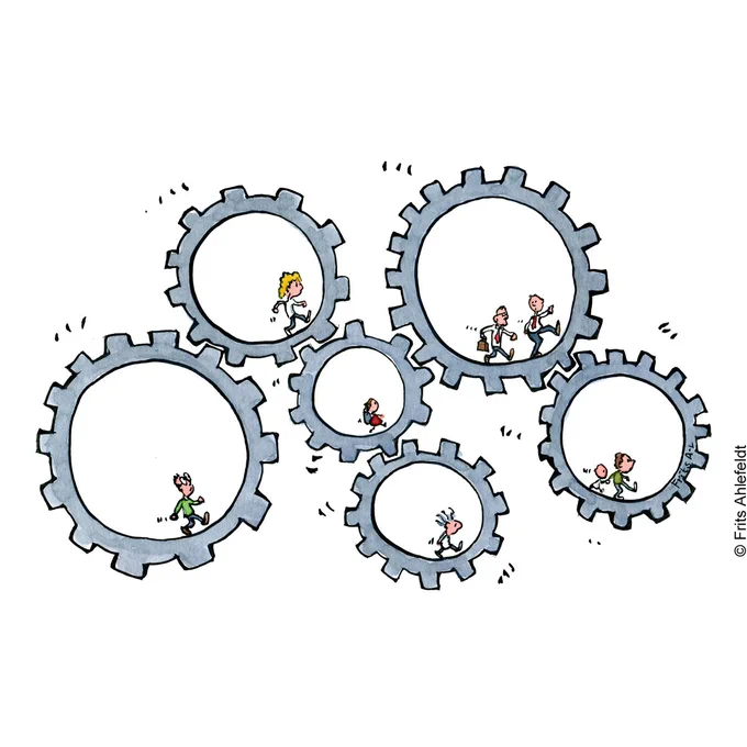 People walking to connect better in huge wheels. Hiking illustration by Frits Ahlefeldt