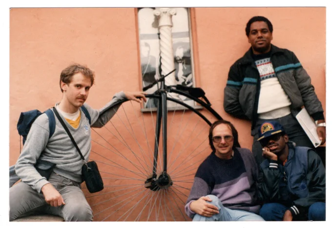 Our family at Portmeirion in Whales (where The Prisoner TV show was filmed in the 60s). Rodney on the right, Mark (me) center, Ken on the left and Andre standing. Our Folk-rock album dropped in '87 :)