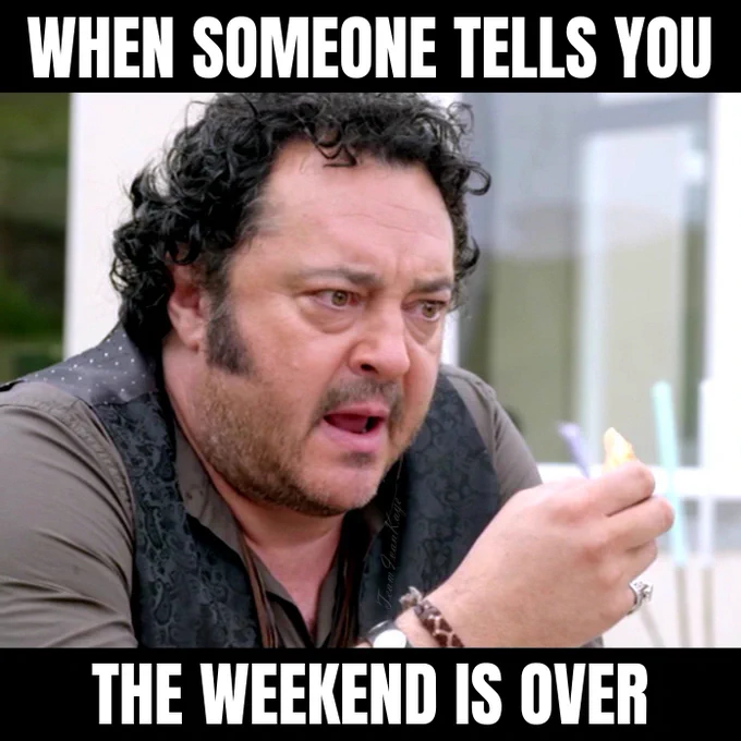 Meme showing actor Ivan Kaye as Mick Sturrock in 'The Coroner', mouth half open, with a somewhat perplexed expression, meme text: When someone tells you the weekend is over