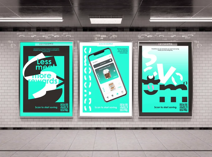 Three posters on a tiled wall featuring graphics advertising a new app