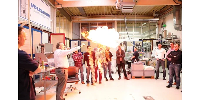If a small amount of corn starch produces this result as demonstrated in a Volkmann training class, imagine what a plant full of sugar dust in the air can do when set off with an ignition source. (Photo courtesy of Volkmann)
