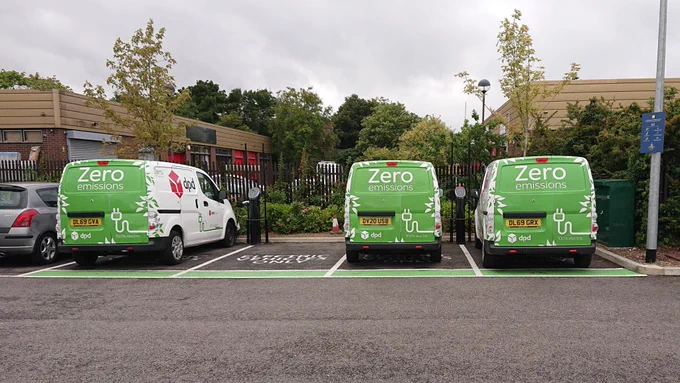 DPD branded vehicles DL69 GVA, DV20 USB, DL69 GRX parked in Oakfield Retail Park, Reading occupying 3 out of 4 public PodPoint chargers Bryn-Boyd and Hiro-Enid