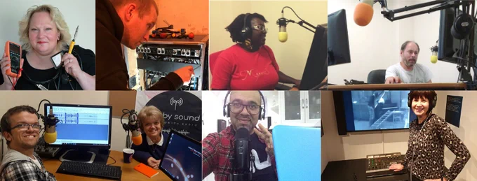 collage of diverse photos of Derby Sound volunteers int he radio studio, at the mic, sound engineering, smiling, fun
