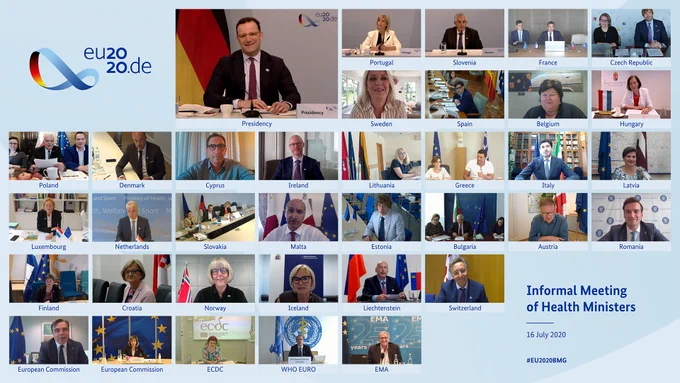 Group photo of the video conference of EU health ministers.