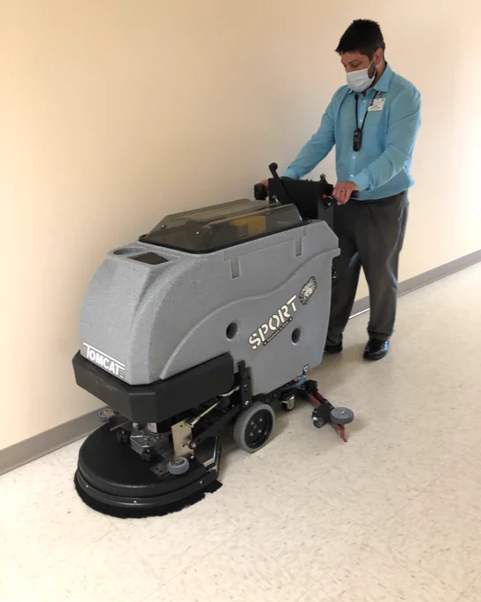 Tomcat Sport Floor Scrubber cleans VCT floors easily