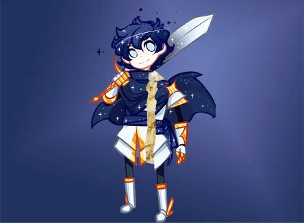 Image of a cross section of Orion, a star-clad boy knight with a big sword. He is, in fact, made of cake. Delicious.