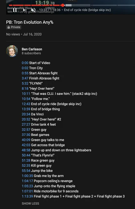 Screenshot of YouTube video with Splits.io-generated timestamps