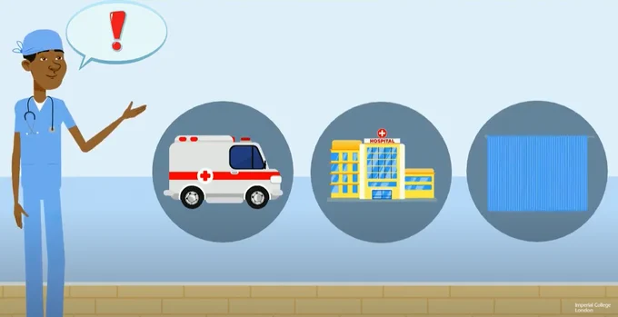 A screenshot from the video showing a doctor from a BME background explaining when to use emergency and urgent care. Illustrations show an ambulance, hospital and surgery.