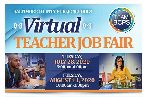 Virtual Teacher Job Fair posting. Events are July 28 from 3 p.m.-6 p.m. and August 11 from 10 a.m.-2 p.m.