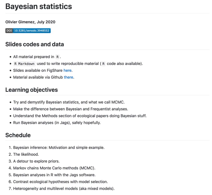 Link to material, learning objectives and schedule of a workshop on Bayesian statistics