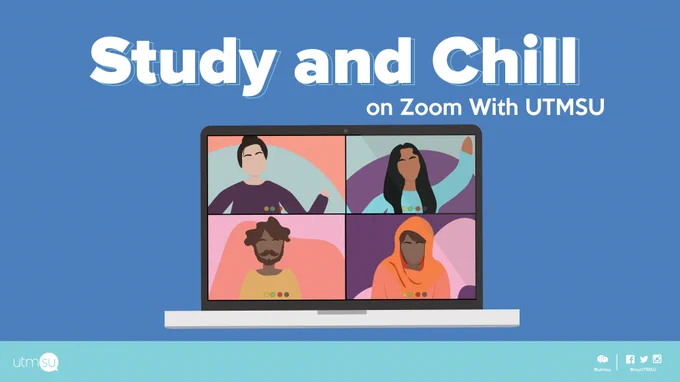 study and chill, illustration of a laptop and four people on a video call.