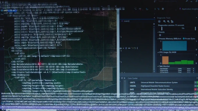 Screenshot of XMP RDF/XML on top of a Visual Studio debugging session used to illustrate "hacking into a phone with Bluetooth" in Le Bureau des Légendes S04E10.