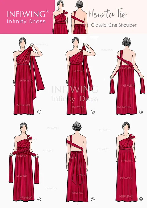One Infinity Dress can be worn over 100 ways using the long straps and fits all body shapes. Follow our simple steps and tips to creat your own style. #bridesmaid #wedding #infinitydress #convertibledress #twistwrapdress #multiwaydress