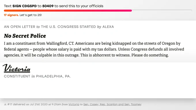 The letter subject is: No Secret Police and the body is: I am a constituent from Wallingford, CT. Americans are being kidnapped on the streets of Oregon by federal agents -- people whose salary is paid with my tax dollars. Unless Congress defunds all involved agencies, it will be culpable in this outrage. This is abhorrent to witness. Please do something.
