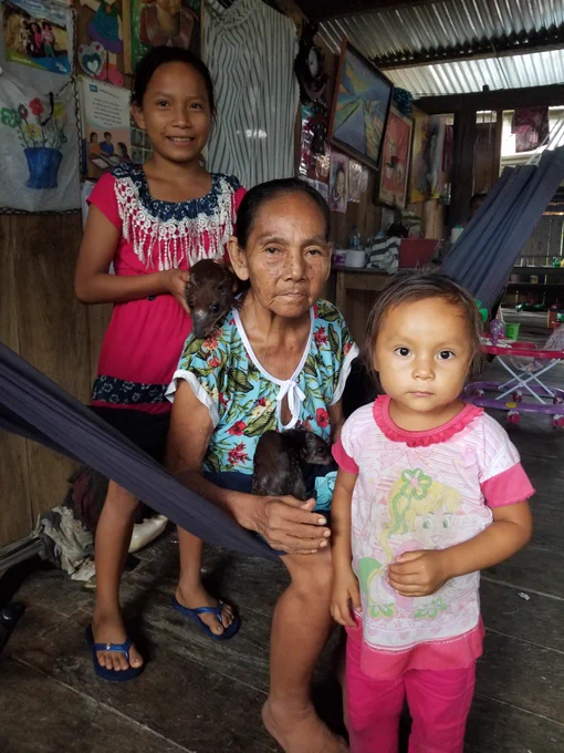 Grandmother with two granddaughters at home in the Peruvian Amazon - March 2020