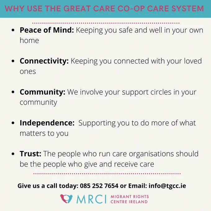 GCC is Ireland's first worker led cooperative in home care supported by the Migrant Rights Centre and the European Social Fund Women Entrepreneurship Stream.