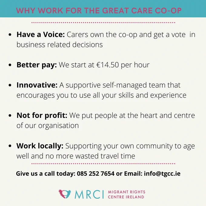 GCC is Ireland's first worker led cooperative in home care supported by the Migrant Rights Centre and the European Social Fund Women Entrepreneurship Stream. 