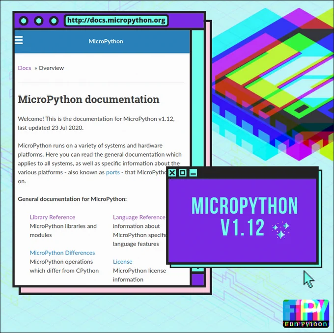 Infografia estilo pop sobre la actualización de micropython v1.12 en su página web