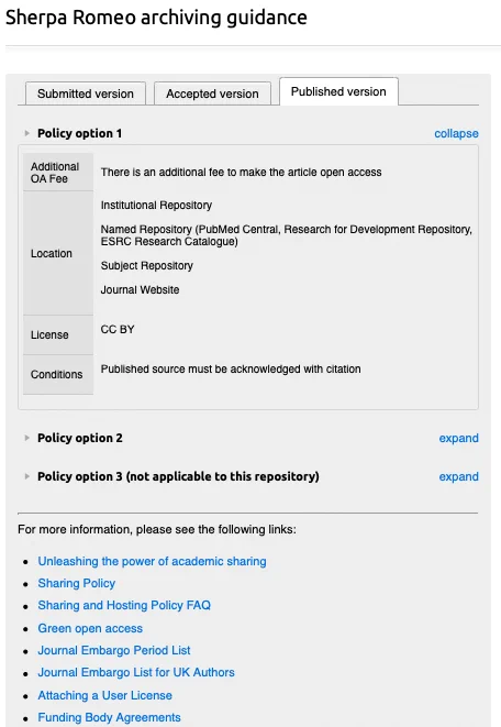 Sherpa Romeo archiving information for different document types displayed within Haplo Repository