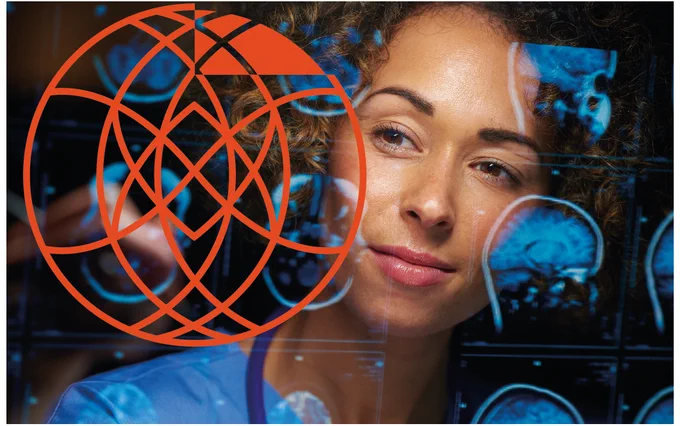 Doctor assessing scans of the brain overlaid with orange AHSN Network branding.