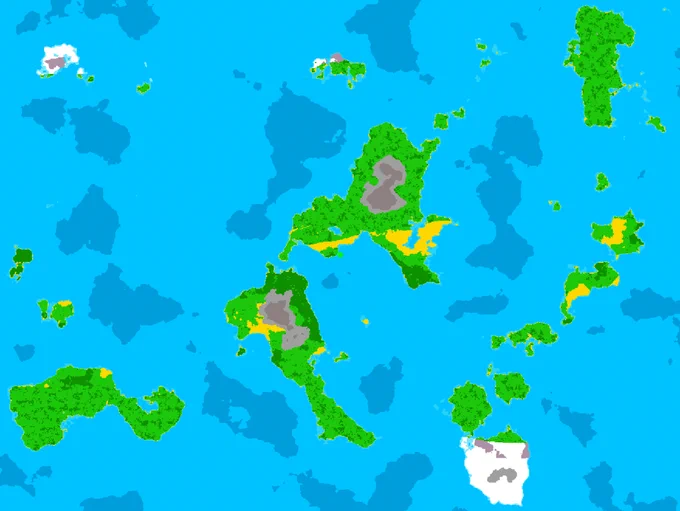 Generated world map, showing the various biomes and land heights.