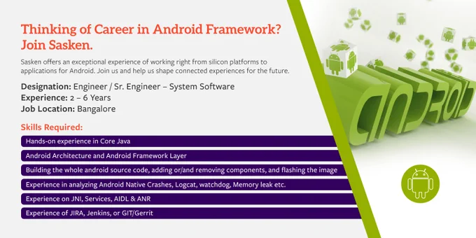 Sasken is hiring Android Framework Engineers (Exp : 2 - 6 Years) for Bangalore location. Interested candidates can contact me back via email (satyajeet.kumar@sasken.com).
