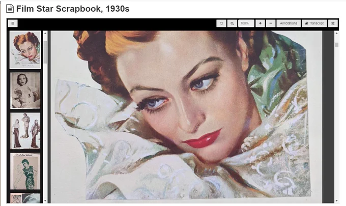 Screenshot of online catalogue, showing a large glamorous drawing of actress Joan Crawford, with further photographs as thumbnails to the left 