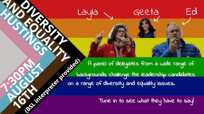 Promotion for the Diversity & Equality Hustings on 16th August 20 at 7:30pm. BSL interpreter provided. 