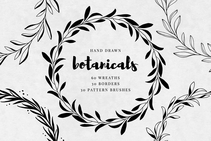 Hand-drawn botanicals. Wreaths, borders, patterns brushes for Illustrator. Floral decorative design elements, decorative frames and broders. 