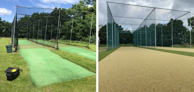 New twin lane artificial grass cricket practice facility installed at Almondbury Wesleyan CC in Huddersfield by Dura-Sport