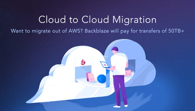 Migrate from AWS to Backblaze B2 (man with a laptop looks at a cloud)