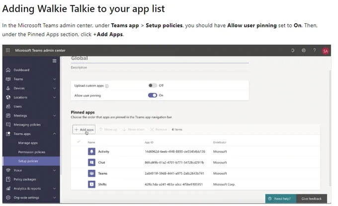 Picture of Walkie Talkie app getting added in Teams IT Admin mode