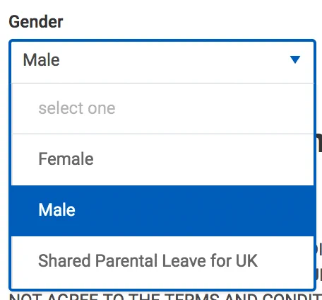 Screenshot of "Gender" drop down that includes "Shared Parental Leave for UK" as a gender
