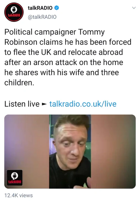 Fascist, Tommy Robinson leaving the UK for safety.