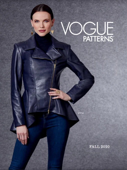 Fall 2020 Vogue Patterns lookbook cover: model Lauren Buys wears moto jacket V1714 in navy vegan leather.