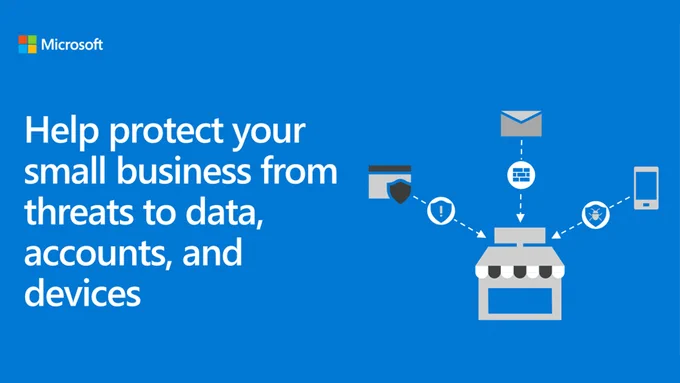 Graphic with blue background depicting a shop front and all the various cybersecurity risks it could be exposed to online. White text which reads: Help protect your small business from threats to data, accounts and devices